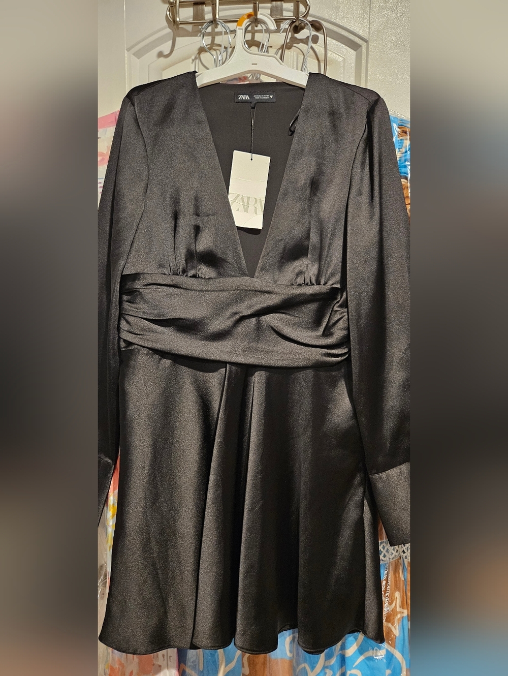 ZARA Black Satin Plunge Long Sleeve Dress